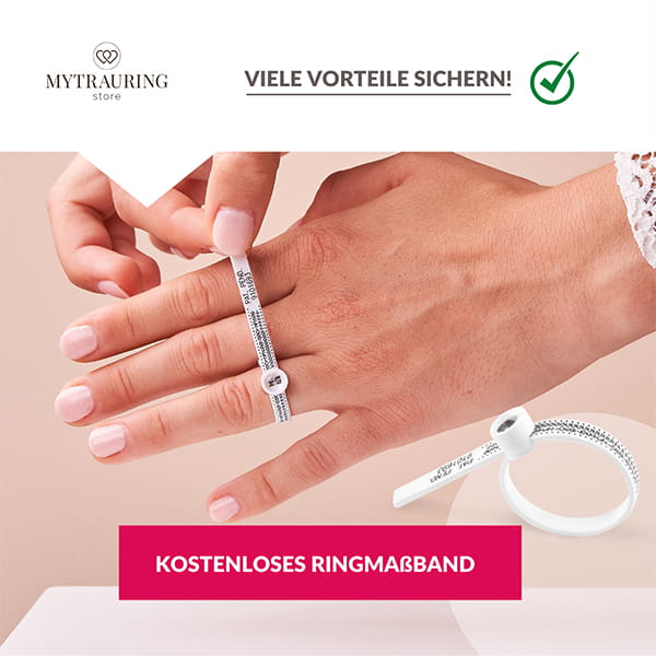 Frontale Aufnahme eines Handrückens einer Frau mit Ringmaßband mit anderer Hand festziehend