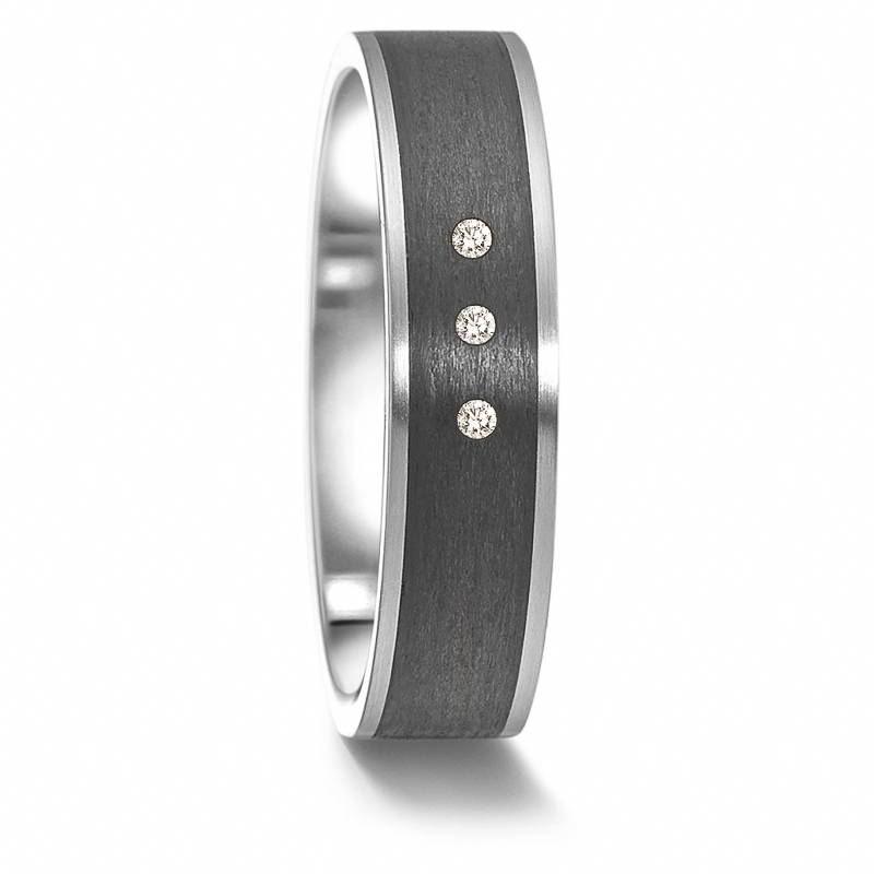 Aufnahme des Carbon und Stahl Partnerrings mattiert mit 3 Diamanten