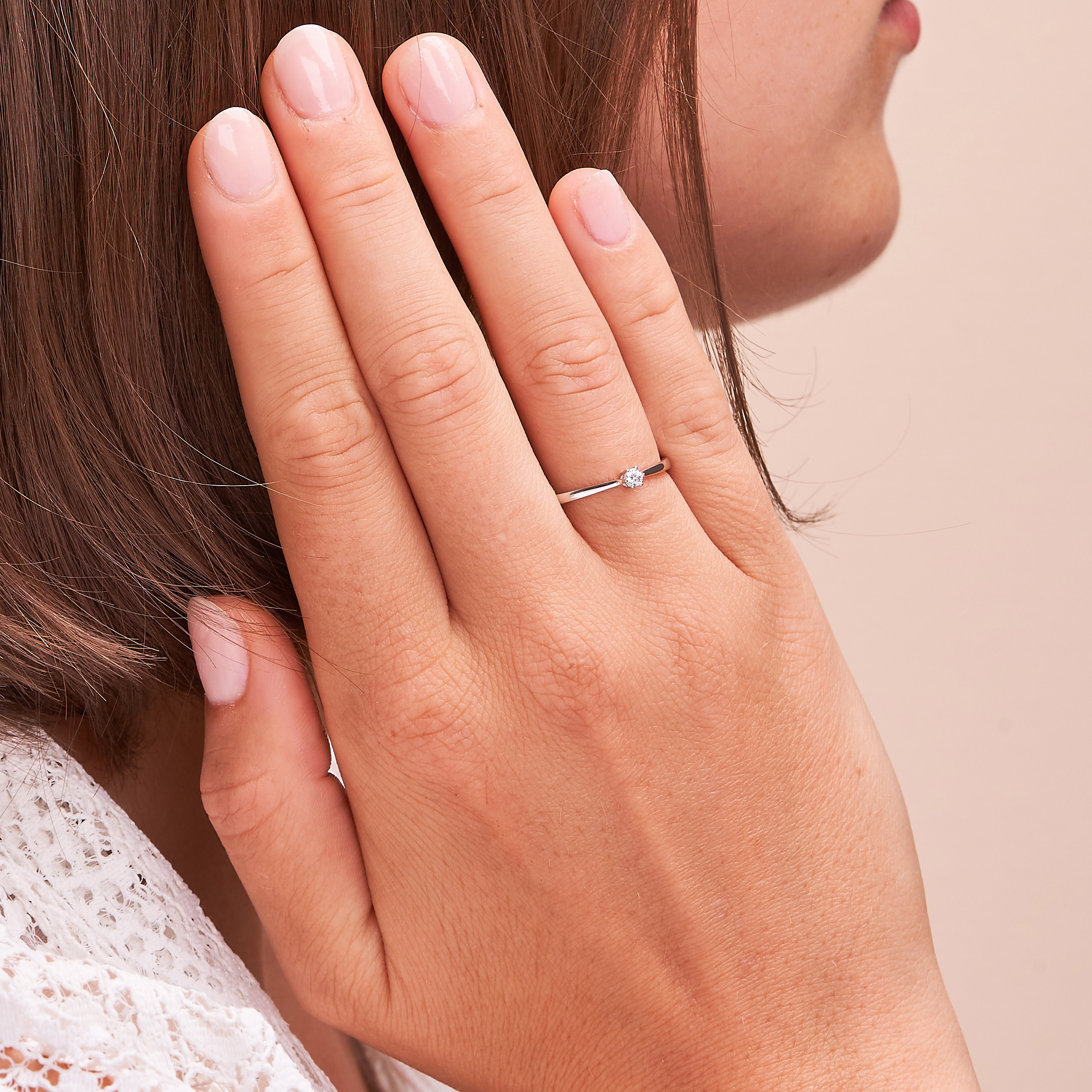 Aufnahme vom klassischen Solitairering aus Weissgold mit Diamanten in Krappenfassung auf Hand