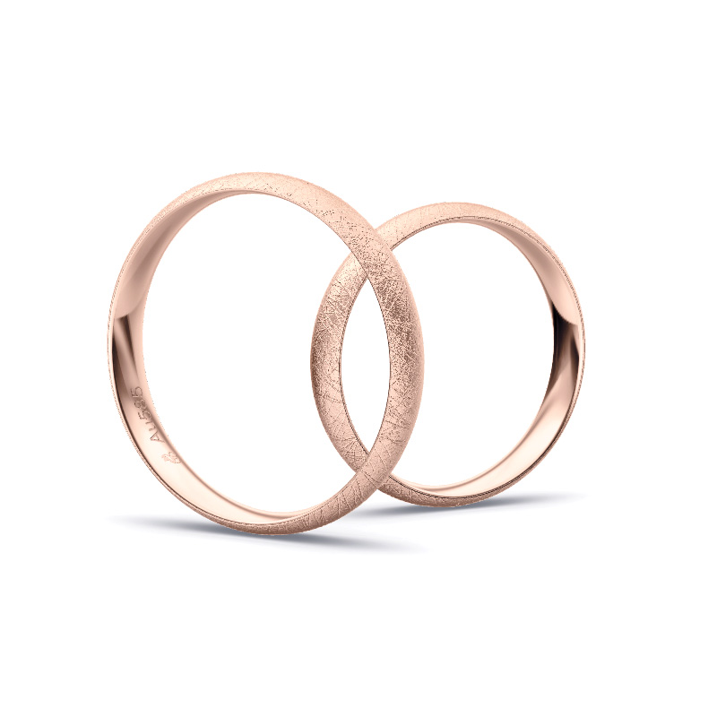 Aufnahme von schlichten eismatten Trauringen aus Rosegold mit Diamant mit 3,5 mm Breite