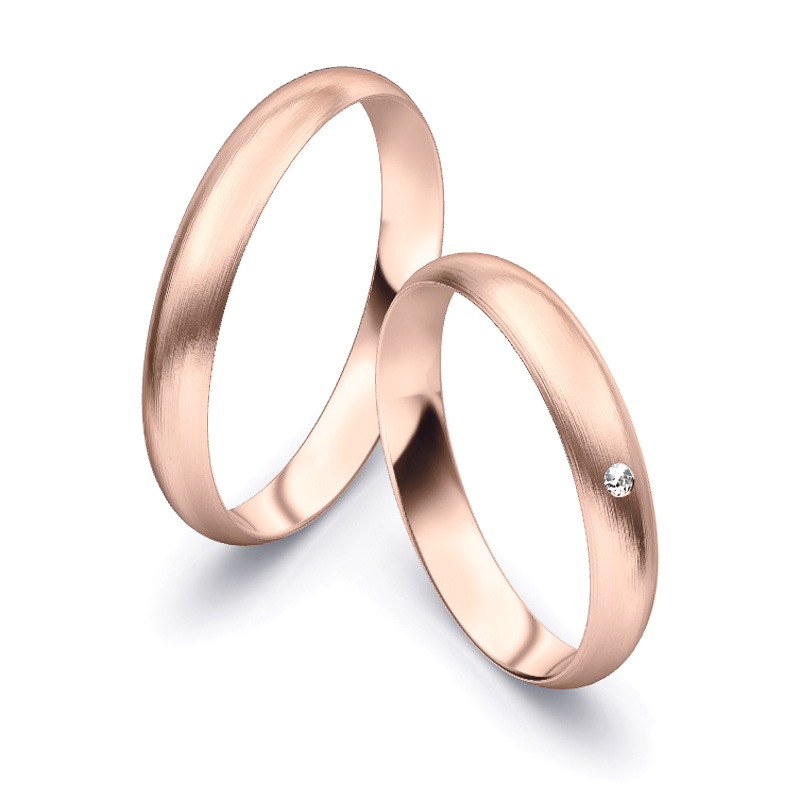 Aufnahme von schlichten matten Trauringen aus Rosegold mit Diamanten mit 3,5 mm Breite