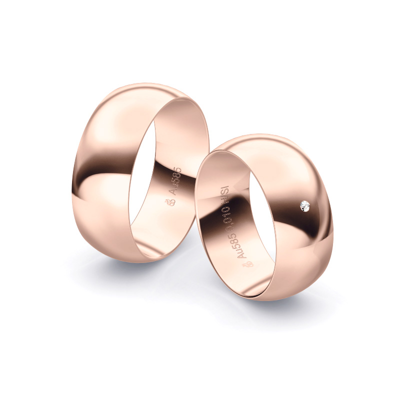 Aufnahme von Eheringen aus poliertem Roségold mit Diamanten in 8 mm Breite