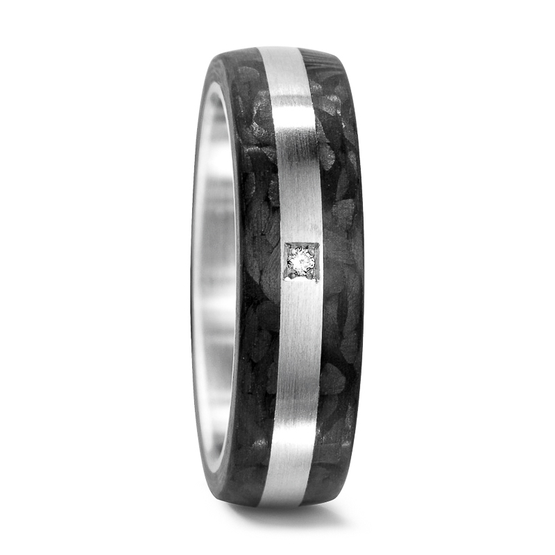 Aufnahme des Carbon und Stahl Partnerrings mattiert mit Diamanten in quadratischer Vertiefung