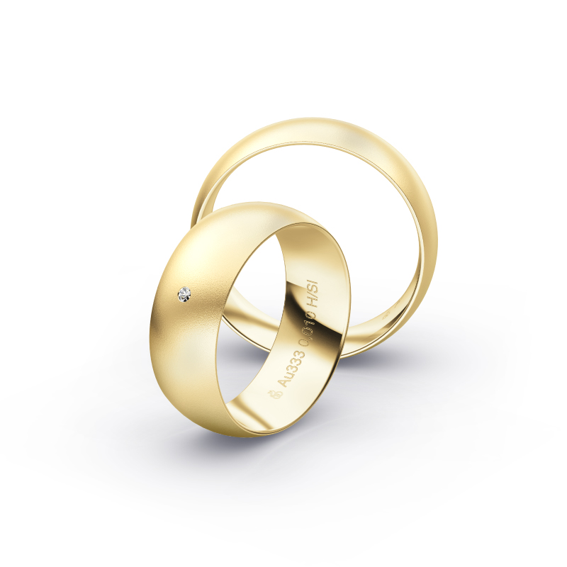 Gelbgold Eheringe mit Diamanten und Sandmattierung in 7 mm Breite 