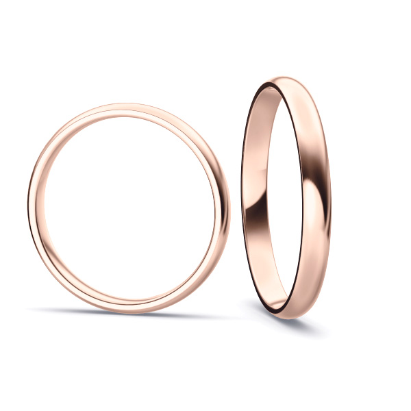 Aufnahme von polierten Rosegold Eheringen mit 3 Diamanten in 2,5 mm Breite 