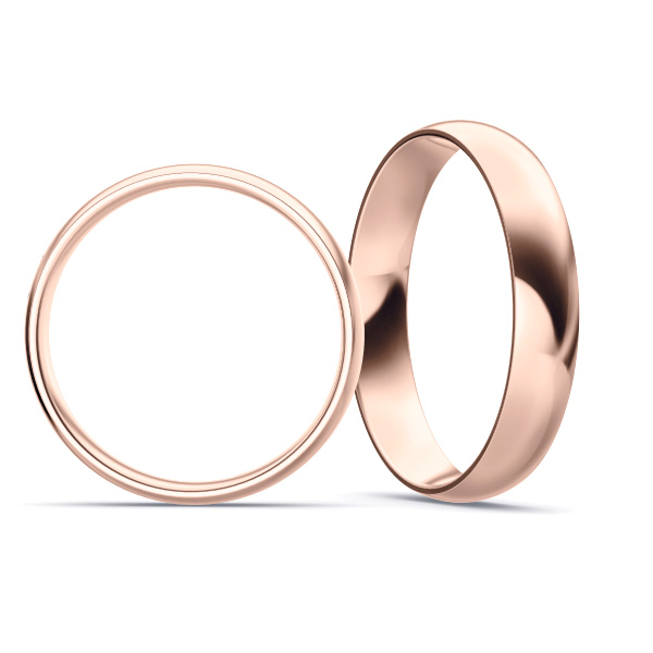 Aufnahme von polierten Rosegold Eheringen mit 3 Diamanten in 4 mm Breite