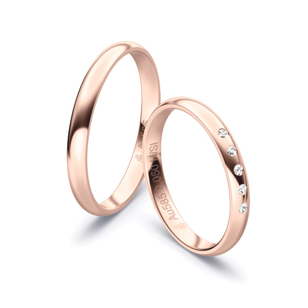 Rosegold Eheringen mit vielen Diamanten in 2,5 mm Breite, poliert