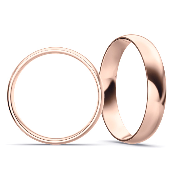 Aufnahme von polierten Rosegold Eheringen mit 5 Diamanten in 4 mm Breite