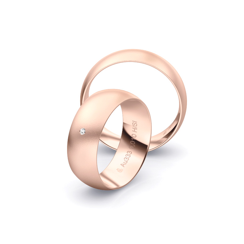 Roségold Eheringe mit Diamanten und Sandmattierung in 7 mm Breite