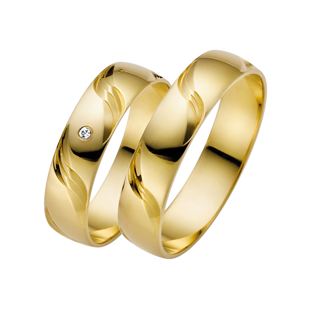 Eheringe Trauringe mit Wellenmuster, Gelbgold Ringe mit Wellen, polierte Gelbgold Ringe mit Wellen, 