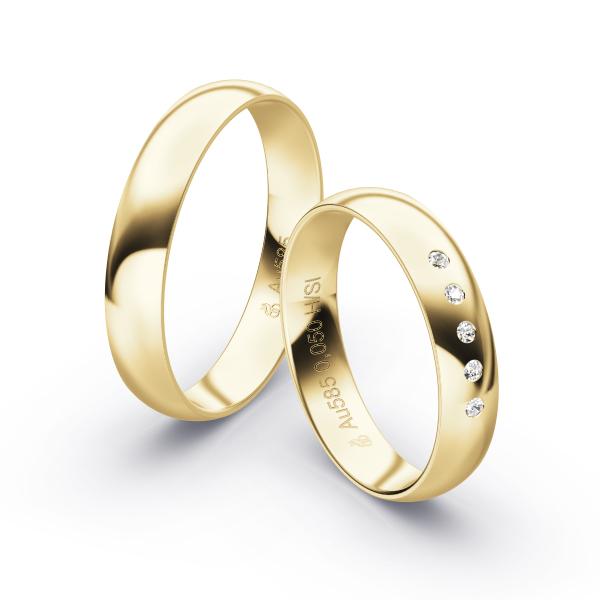 Aufnahme von polierten Gelbgold Eheringen mit 5 Diamanten in 4 mm Breite