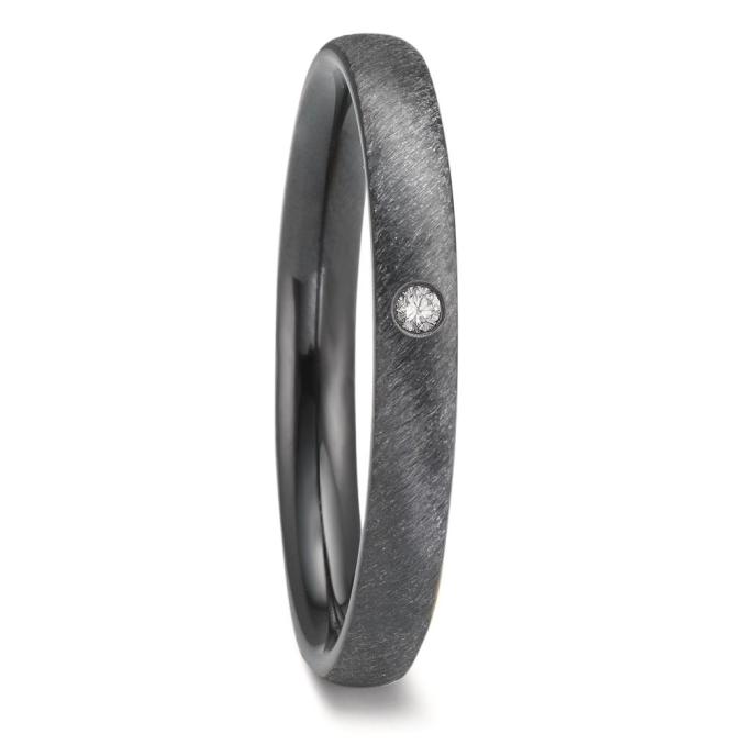 Schwarze Eheringe aus Zirkonium mit diagonal mattierter Oberfläche mit Stein 8153