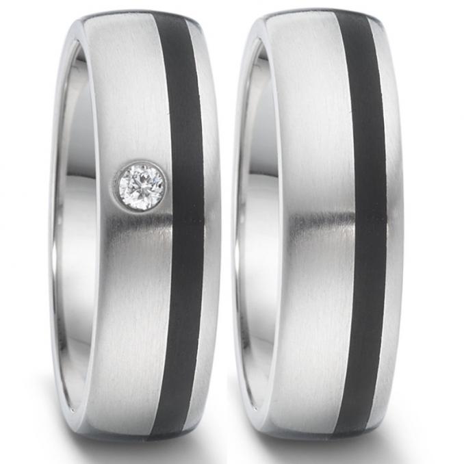 Nickelfreie Eheringe aus Edelstahl mit Streifen aus Hightech Keramik und Diamanten EdE1006