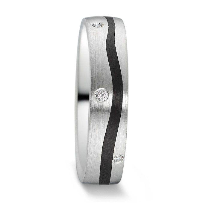 Beeindruckende Carbon & Weißgold Trauringe mit gewelltem Carbonstreifen und Diamanten CWG020