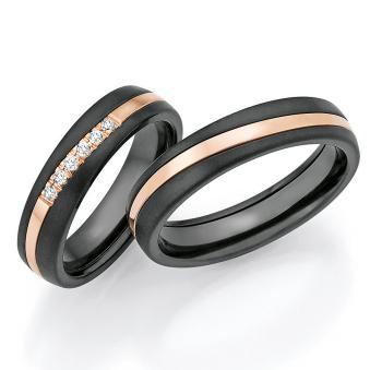 Eheringe aus schwarzem Zirconium mit poliertem Roségoldstreifen und 6 Diamanten