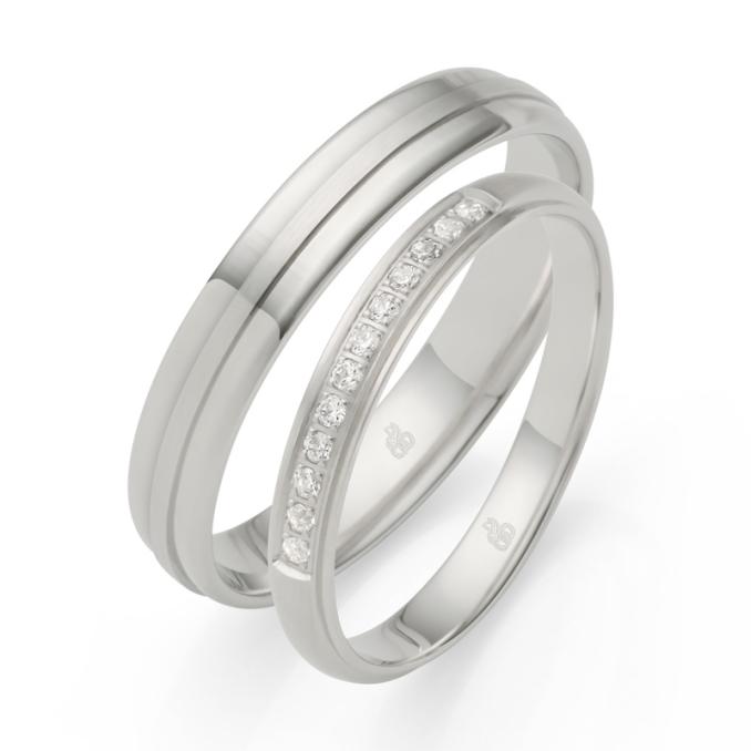 Polierte Platin Eheringe 12 Diamanten mattem Mittelstreifen breiter Herrenring schmaler Damenring