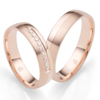 Eheringe aus Roségold mit Diamanten poliert längsmattiert