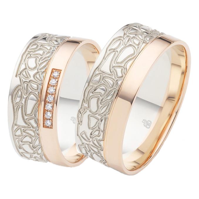 Rosé&Weißgold Eheringe in Animal Style mit Diamanten breit poliert