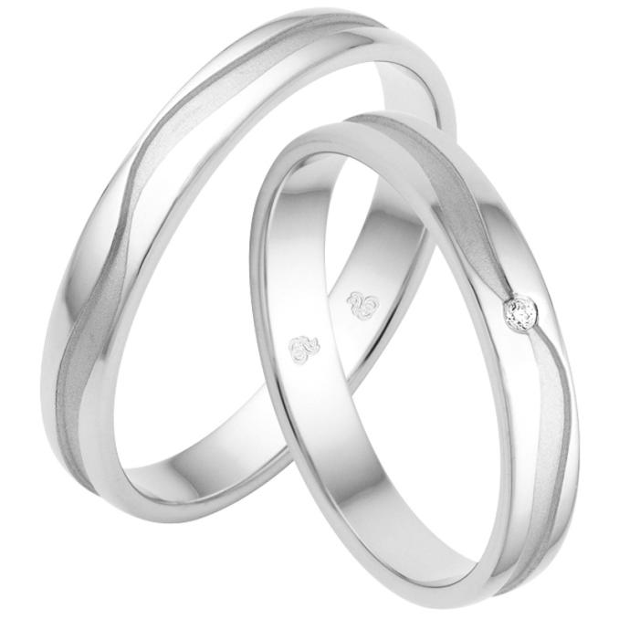 Schmale Eheringe aus rhodiniertem Silber 925 mit sandmatter Rille und Zirkonia