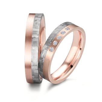 Eheringe aus Roségold mit strukturierter Grey Carbon Einlage mit 5 runden Diamanten 