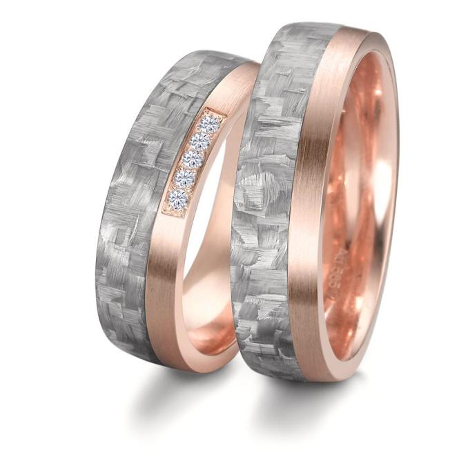 Eheringe aus Roségold und Grey Carbon strukturiert mit 5 Diamanten am Rand