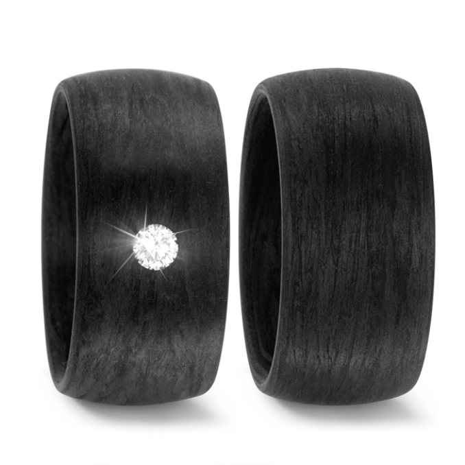 Breite schwarze Partnerringe Eheringe aus Karbon Maserung mit Diamanten TitanFactory 59287