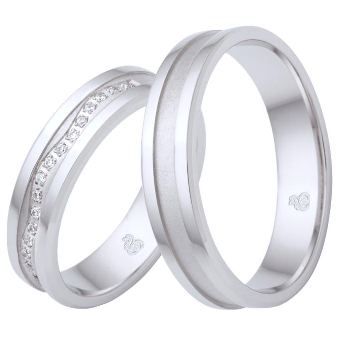 rhodinierte Silber 925 Trauringe mit sandmattierten Vertiefung und Zirkonia