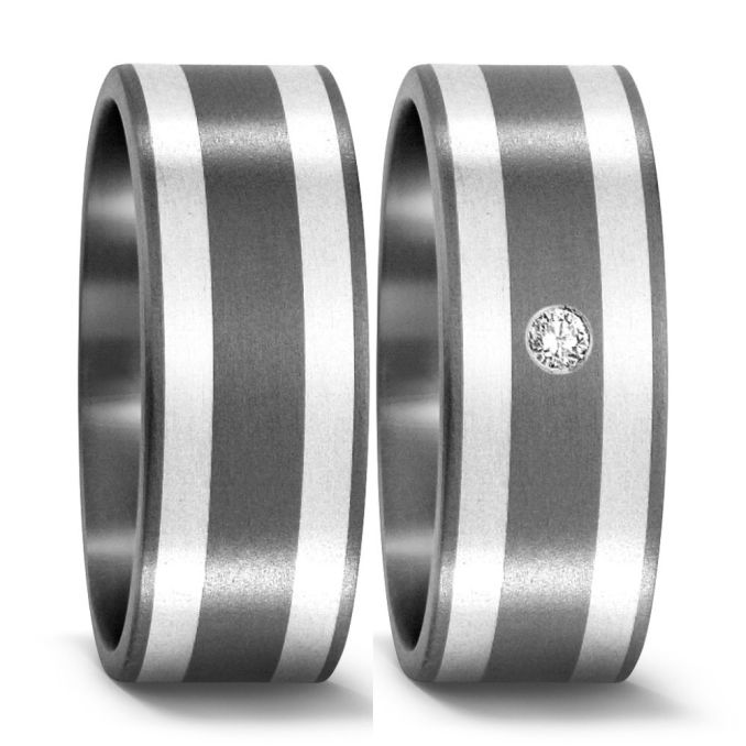 Eheringe Partnerringe aus edlem Titan matt poliert mit Silberstreifen und Brillant von Titan Factor