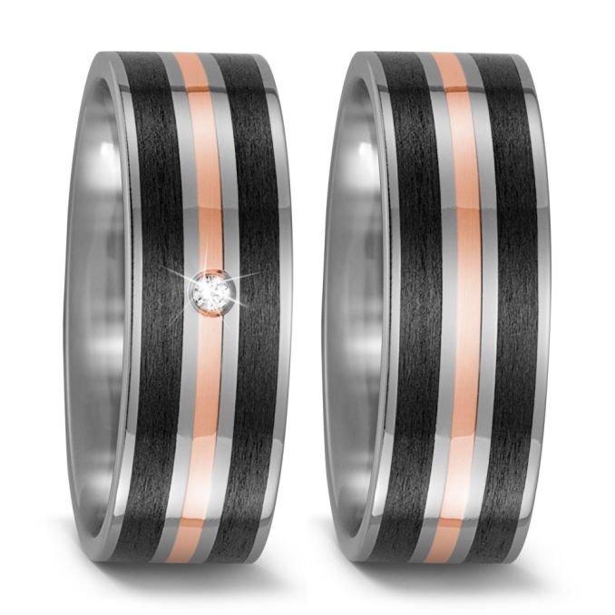 Eheringe Partnerringe aus edlem Titan mattiert mit Rotgoldstreifen und Brillanten von Titan Factory