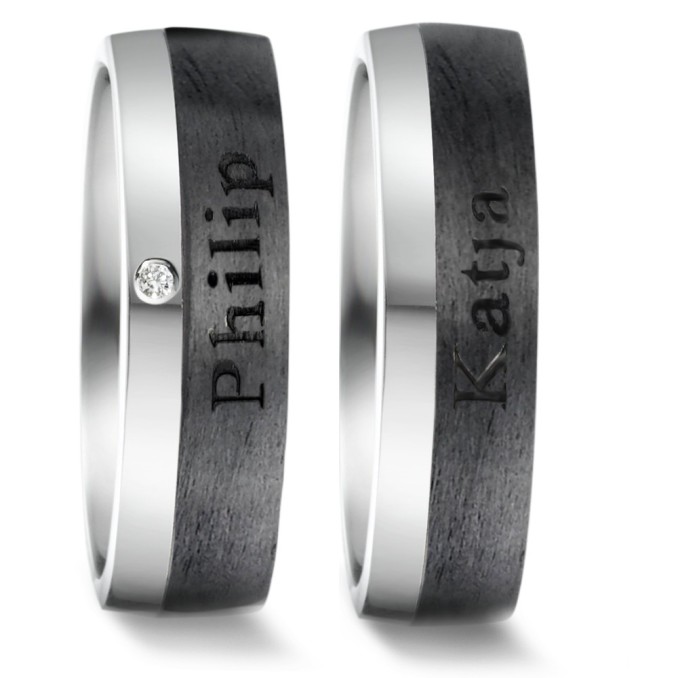 Matte Carbon Partnerringe Eheringe mit poliertem Weißgold mit einem Diamanten Außengravur 62635
