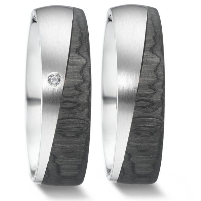Carbon Partnerringe Eheringe mit Weißgold mit einem Diamanten 6mm breit 2mm stark 62318