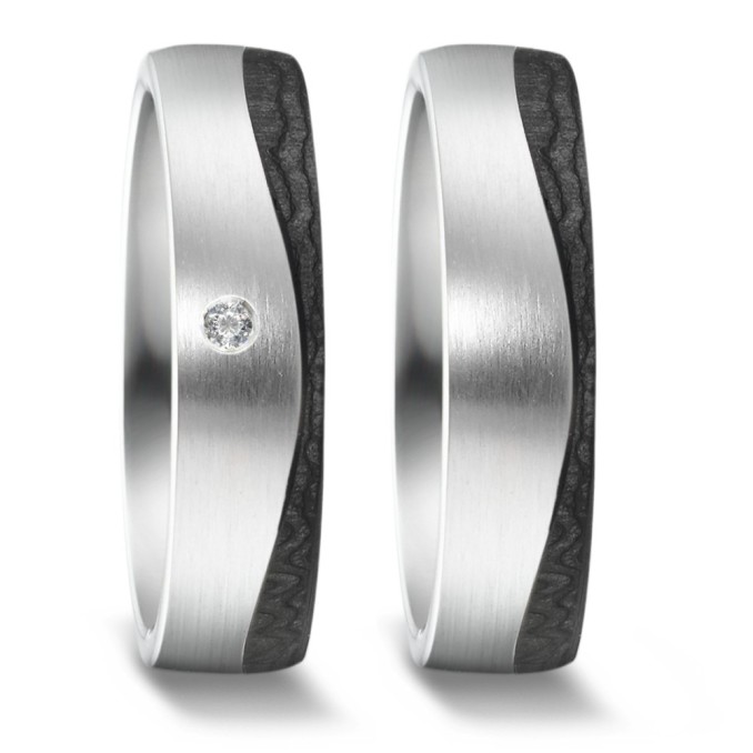 Weißgold Ringe Partnerringe Hochzeitsringe mit Carbon Streifen längsmattiert mit einem Diamanten Wei