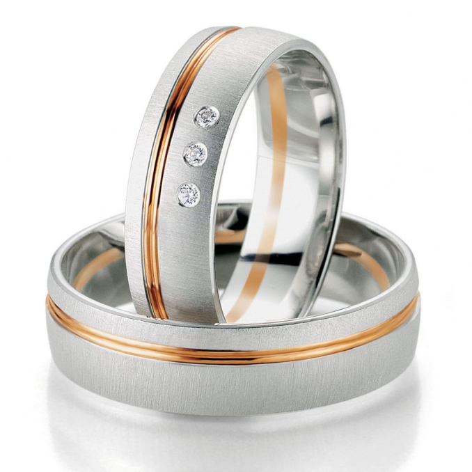 Bicolor Trauringe Modern mit Fuge aus Rotgold und Weissgolden matten Material in 6mm Breite und 1,3