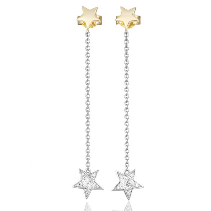 Aufnahme von Ohrhängern aus Gelbgold und Weißgold mit Sterndesign und 22 Diamanten
