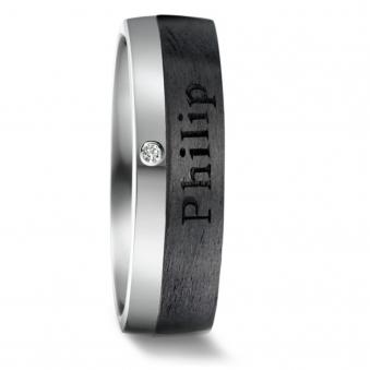 Verlobungsring Carbon Palladium bicolor Aussengravur Namensgravur schwarz weiss diamant