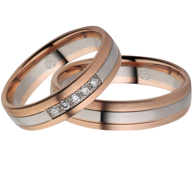 Eheringe Trauringe Günstig Palladium Roségold zwei Rillen 5mm Ringbreite Diamanten 51044
