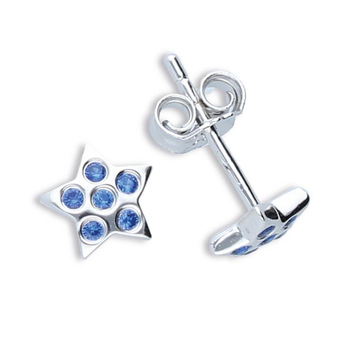 Aufnahme von sternförmigen Ohrstecker aus rhodiniertem Silber 925 mit blauen Zirkonia