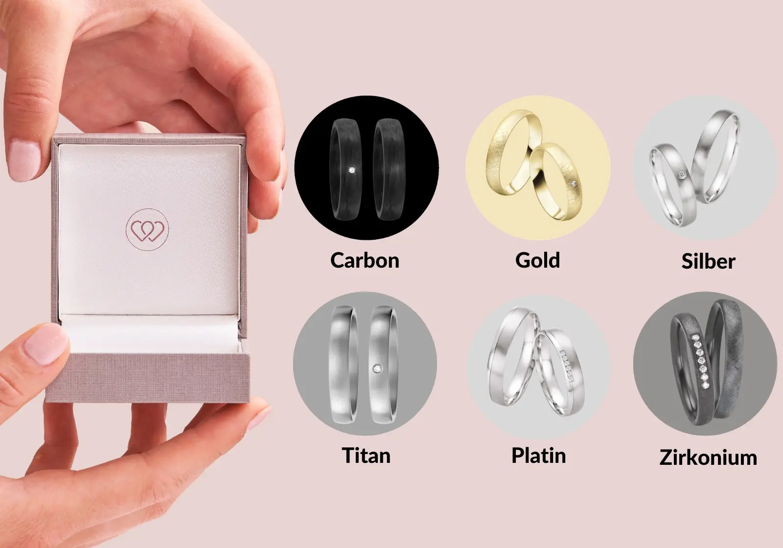 Etui und Ringe in verschiedenen Materialien